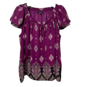 Apt 9 Petite XL Purple Fuchsia Black Print Layered Short‎ Sleeve Blouse PXL Boho